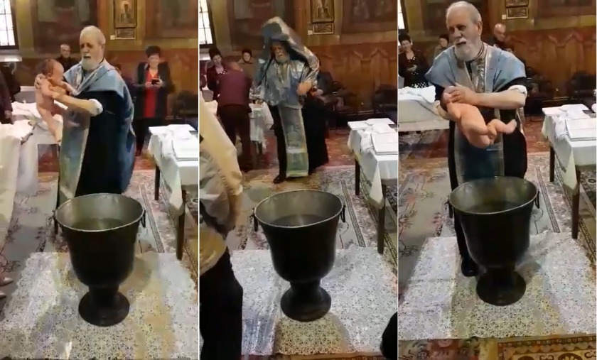 Σάλος με τον παππά που έξαλλος από τα κλάματα παρ’ ολίγον να πνίξει το μωρό στη βάφτιση (video)
